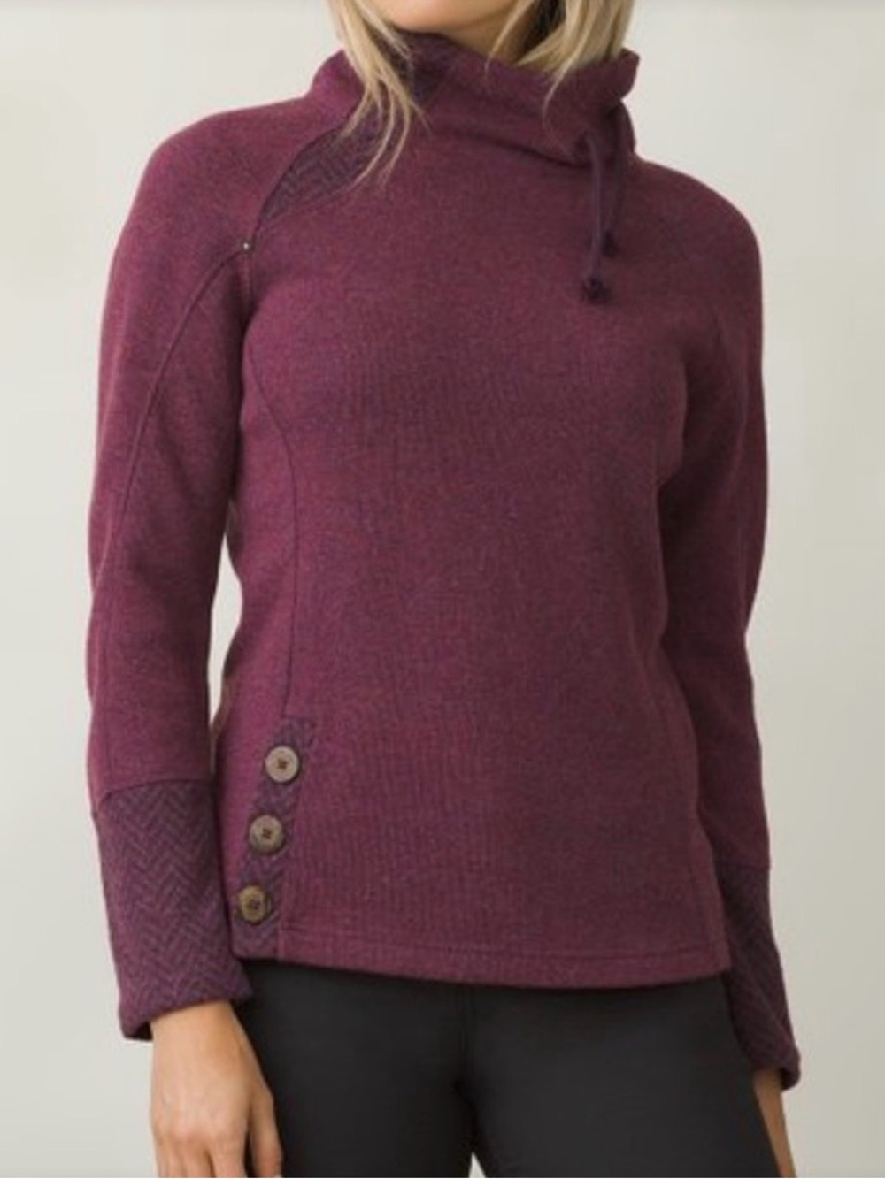 PrAna Lucia Wool Blend Cowl Neck Sweater Herringbone Accent Cozy Sporty Plum M